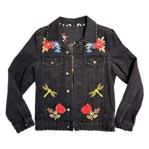 Zara Men's Black Denim Rocker Jacket with Floral Embroidery